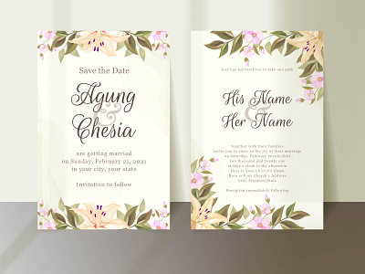 Beautifull Wedding Invitation With Lily Flowers and Leaves branding design design engagement graphic design illustration invitation invitation card template vector wedding wedding card wedding invitation wedding invite