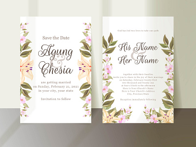 Elegant Wedding Invitation Card With Lily Flowers and Leaves