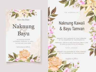 Beautifull Wedding Invitation Card With Flowers and Leaves design engagement floral flowers graphic design illustration invitation invitation card leaf lily rose template vector vector art watercolor wedding wedding card wedding invitation wedding invite