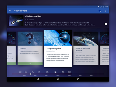 E-learning platform concept android blue cards e-learning platform satellites space tablet ui