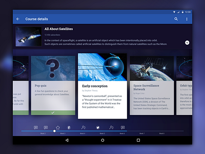 E-learning platform concept android blue cards e learning platform satellites space tablet ui