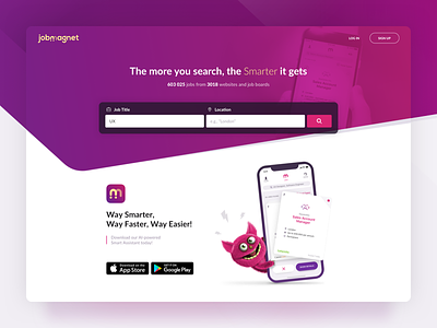 Jobmagnet Homepage Design design homepage job job search jobmagnet jobs landing page magenta purple ui ux web
