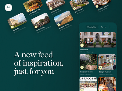 Pluto "For you" feed app cards feed recommendations travel ui