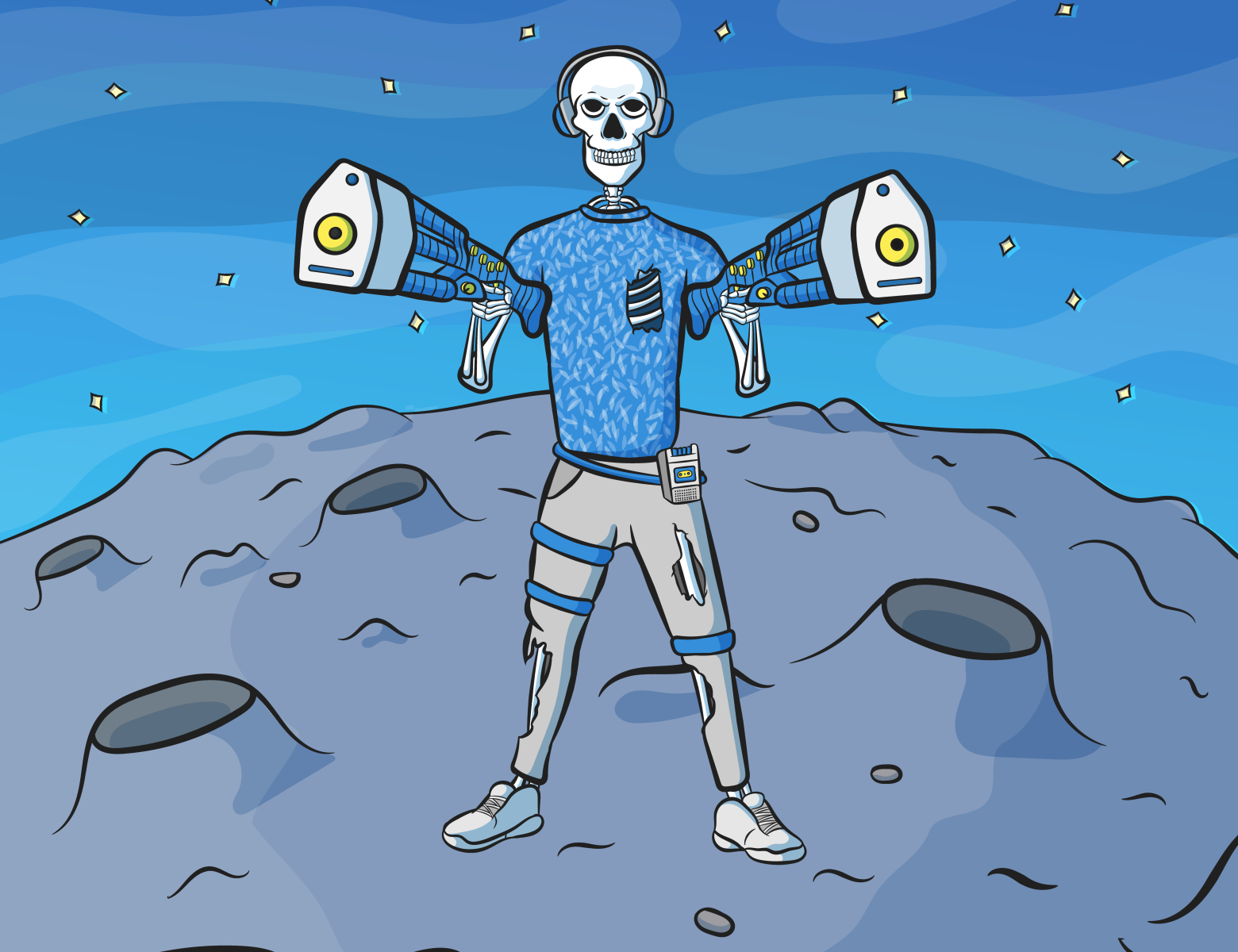 TOM BONES bones cartoon cartoon character cartoon illustration cartooning character character art character design design dj illustration krk speakers moon procreate scifi skeleton space