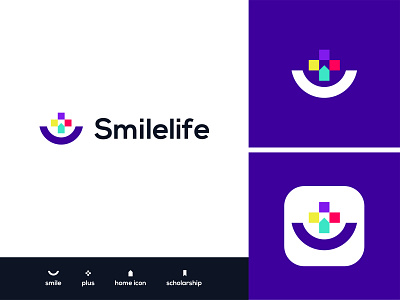 Smilelife logo brand identity branding design home house human illustration logo logo design logo designer mark medical minimal pharmacy plus scholarship simple smile ui vector