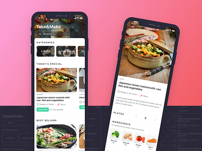 Take&Make App app cafe cuisine delivery design destination food food app ingredients interaction interaction logic ios meal mobile restaurant search ui ui ux ux wireframe