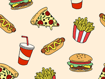 Fast Food Seamless Pattern Design artwork background design digital digital illustration digital painting drawing fast food flat illustration food illustration line art line artwork linework pattern procreate retro seamless vector wallpaper