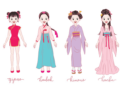 Asian girls in a traditional dresses