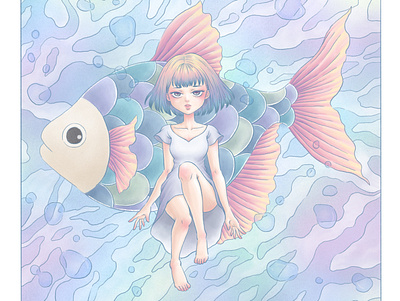 Girl with a fish anime art character design digital digital illustration digital painting drawing dreamy fantasy fish freehand girl illustration illustrator linework manga pastel procreate surreal