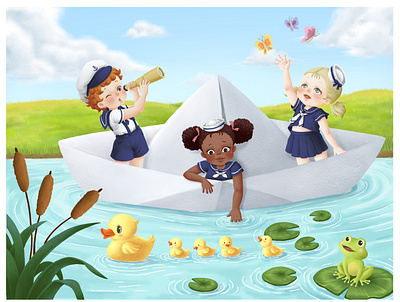 Little Sailors in a Paper Boat cartoon character children children book illustration childrens book cute design digital digital illustration digital painting drawing duck frog illustration lanscape multicultural painting pond procreate sailor