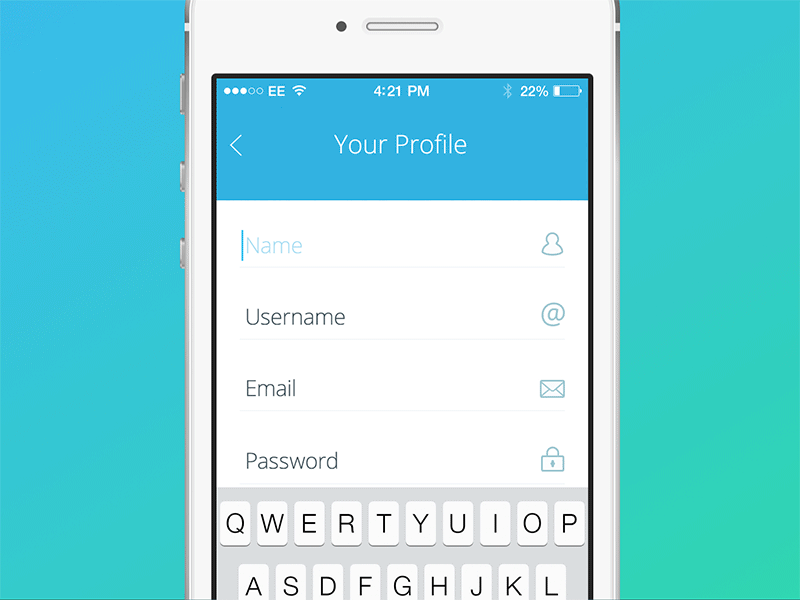 iPhone App Registration Flow animation app email flat icon ios iphone login mobile signup ui ux