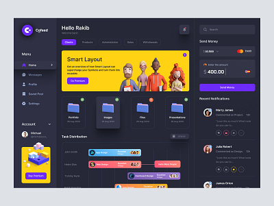 Task Management Dashboard admin admin panel admin theme admin ui analytics cards dark theme dark ui dashboad dashboard grid view interface sidebar uiux user user dashboard user interface