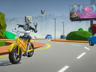 Carl's Catch 3d bicycle butterfly driving facet google blocks illustration low poly polygon road robot unity3d virtual reality