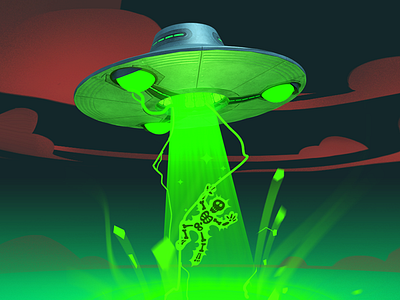 UFO attack art c4d cartoon character concept design event fire game green illustration light mobile photoshop retro skull ufo