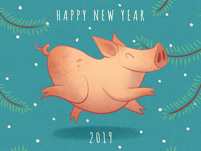 Happy New Year 2019 2d art hand drawn happy illustration new year pig postcard spruce