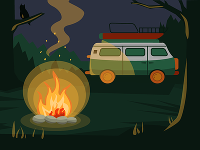 Small Camp ai backpacking camp dark design fire furgon illustration illustration art illustrator night scenary vector