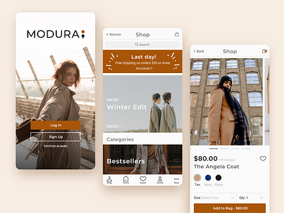 Modura Clothing | E-commerce Mobile App Concept aesthetic app branding clothes clothing clothing brand clothing company design ecommerce ecommerce app ecommerce design ecommerce shop mobile mobile app mobile app design mobile design mobile ui ui ux