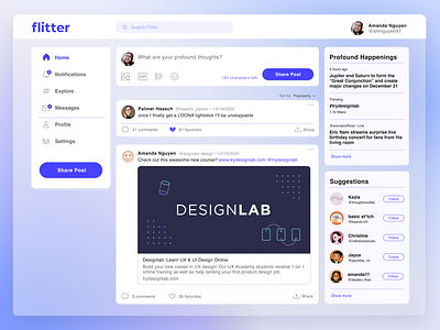 Flitter | Social Media Timeline Concept desktop desktop design glassmorphism social media social media design social media timeline ui ui design ux ux desgin uxdesign uxui webpage webpagedesign