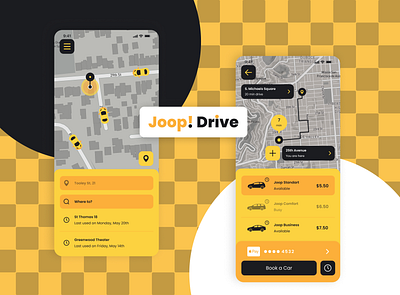 Joop! Drive Taxi Mobile App application branding cab design flat graphic design hi fi illustration illustrator logo minimal mobile mockup service taxi ui ux yellow