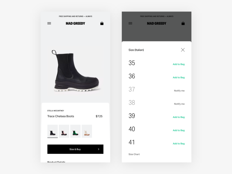 Mobile Product Page & Size Select / Add to Bag eCommerce Exp add to bag commerce e commerce ecom ecommerce fashion minimal minimalism mobile mobile product page product page responsive shop shopping web shop webshop