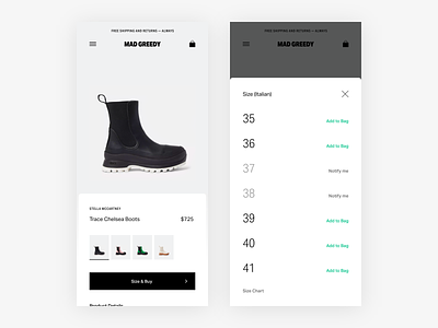 Mobile Product Page & Size Select / Add to Bag eCommerce Exp add to bag commerce e commerce ecom ecommerce fashion minimal minimalism mobile mobile product page product page responsive shop shopping web shop webshop