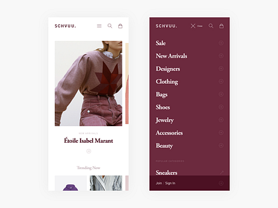 Schvuu - Exploration clean commerce design e commerce ecommerce fashion home page menu minimal minimalism mobile mobile web navigation responsive shop simple ui web web shop webshop