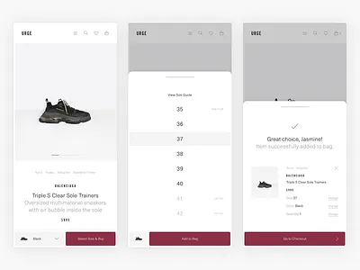 Select Size & Add To Bag - E-Commerce Exploration clean commerce design e commerce ecommerce fashion luxury fashion minimal minimalism mobile pdp product product page responsive shop shopping simple ui ux webshop