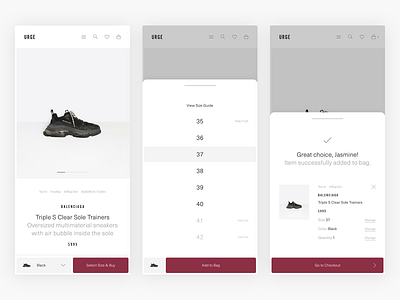 Select Size & Add To Bag - E-Commerce Exploration clean commerce design e commerce ecommerce fashion luxury fashion minimal minimalism mobile pdp product product page responsive shop shopping simple ui ux webshop