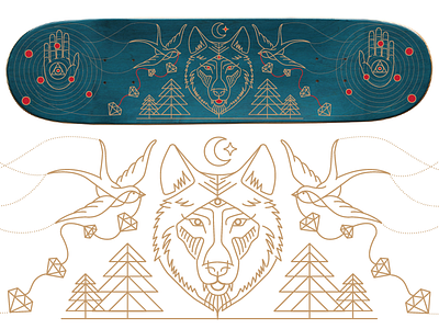 Black Magic Skateboard deck diamonds illustration magic skateboard swallow wolf