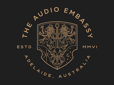 The Audio Embassy Crest boar crest lion shield sword