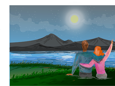 Couple in a lake couple in love lake lakes light lineart minimal moonlight romantic sketches star water