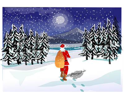 Santa in the snow christmas footprint gift lineart mountain santa snow tree walk