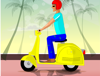 riding on the beach beach biker blue classic happy lineart man motorcycle retro road vintage yellow