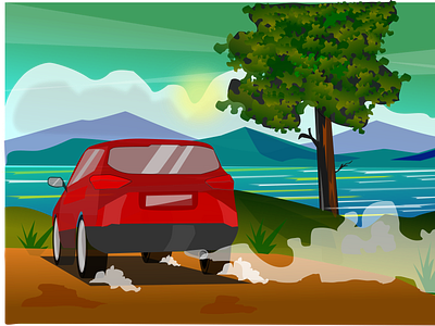 Drive away car illustration lake landscape lineart minimal mountain red speeding sunny