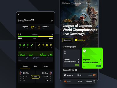 eSports Live Scores app csgo dark dota esports games gaming league league of legends live scores match mobile schedule streaming ui