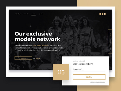 Landing page for Social Network for Models bold dark design fashion gold landing photo serif typography
