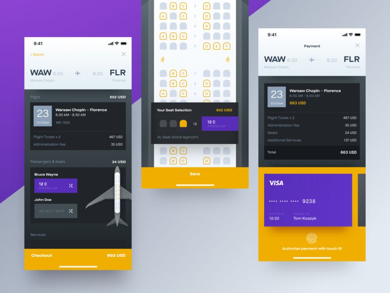 Flight Reservation & Ticket Purchase app booking card credit flights mobile payment reservation seat ticket touch ui