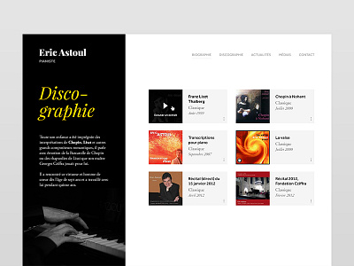 Discographie artist black bw cd grid music pianist webdesign yellow