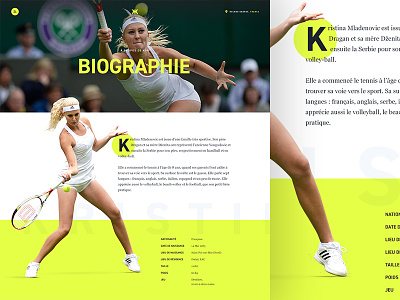 Biography — Kristina Mladenovic athlete bio biography french player sport tennis webdesign website wimbledon yellow