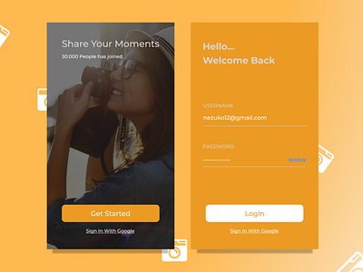 Share Your Moments : Mobile App design girls mobile moments orange photography share ui