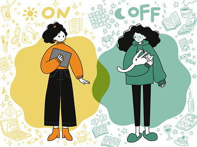 ON/OFF : How I change in a day design flat girl home illustration office simple stayhome