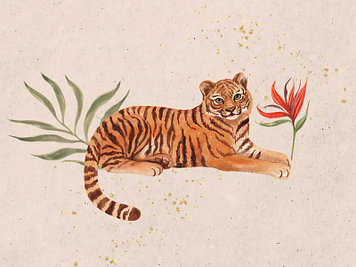 Tiger and Flower animal drawing flower illustration plant tiger watercolor