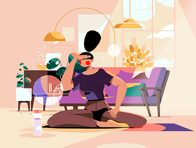 Morning Routine character illustration interior livingroom morning sofa yoga
