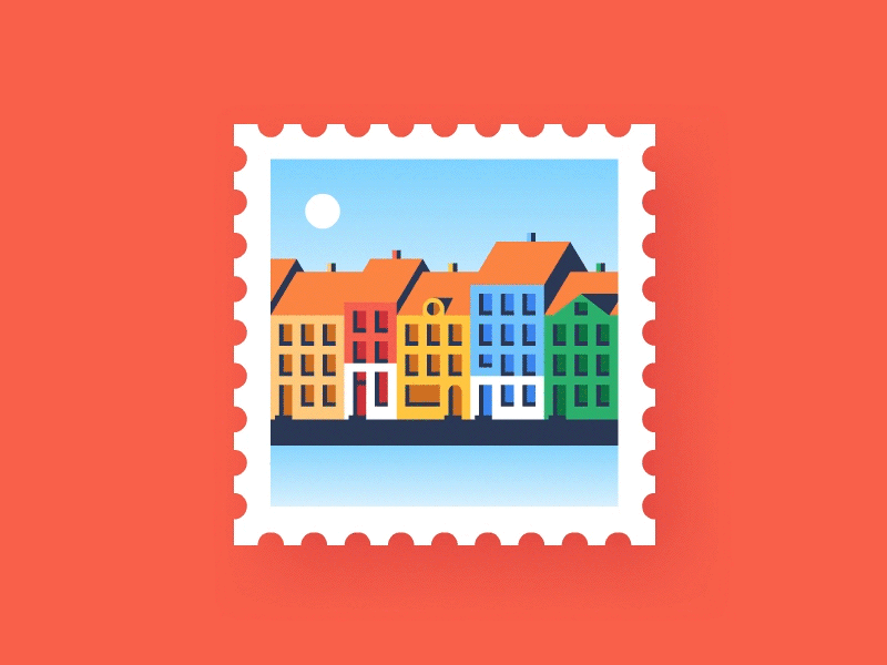 Copenhagen boat copenhagen houses illustration stamp