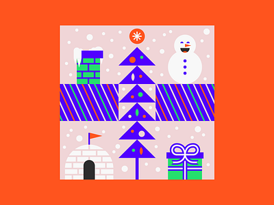 Merry X-mas chimney christmas tree igloo illustration present snow snow flakes snowman wrapping paper