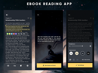 E-Book Reading Application book book app book reading app dark theme dark ui designwich e book e book ebook ebook app gold mani jalilzadeh minimalism sharp design wichkids