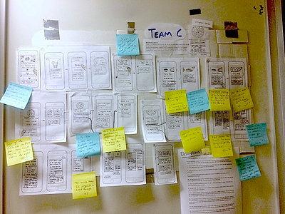 Sketches and Feedback for our Yelp Chatbot feedback iterate iterations notes sketches sticky notes whiteboard wireframes