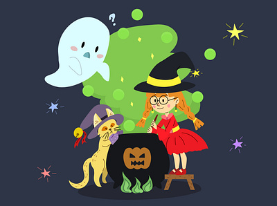 This is Halloween! cat cauldron children book illustration flat ghost girl halloween illustration little witch magic potion vector witch