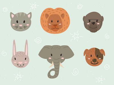 Animals' heads animal cat children book illustration cute dog elephant flat illustration lion monkey rabbit vector