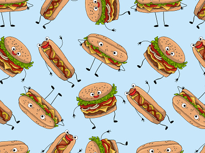 Children's seamless pattern with burgers burgers character children eat emoticon fastfood food hamburger hotdog illustration pattern sandwich seamless pattern set vector